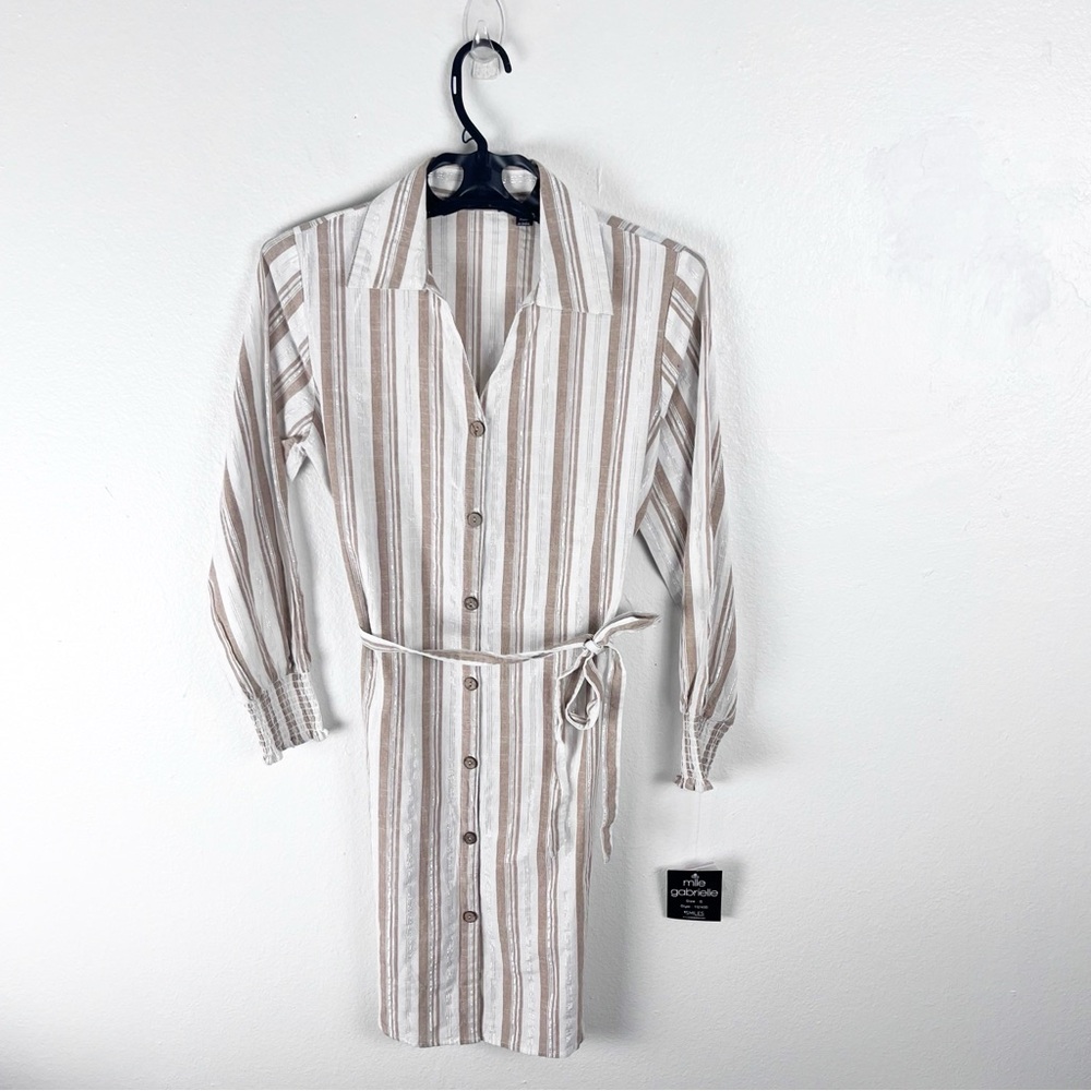 MLLE GABRIELLE Striped Long Sleeves Button Front Belted Waist Shirt Dress Small